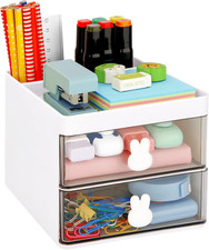 Small Desk Organizer with Drawer, Office Desktop Storage Box, Business Card/Pen/