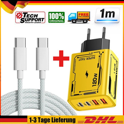 120W 4-Fach Schnellladegerät Ultra Schneller QC 3.0 Ladeadapter Handy + 1m Kabel