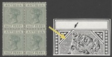 SG 21a Antigua 1882. ½d dull green block of 4, top left stamp with variety...