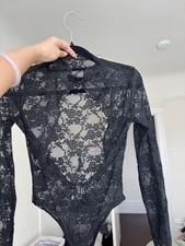 Black One Piece Long Sleeve Bodysuit Sheer Floral Strap Women's 1 Pack