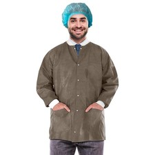 Coffee Disposable Lab Jackets Snap Front Knit Cuffs 3 Pockets 10 Pack Medium