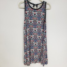 LOFT Floral Damask Swing Dress Womens Medium Navy Blue Red Sleeveless Casual Sun
