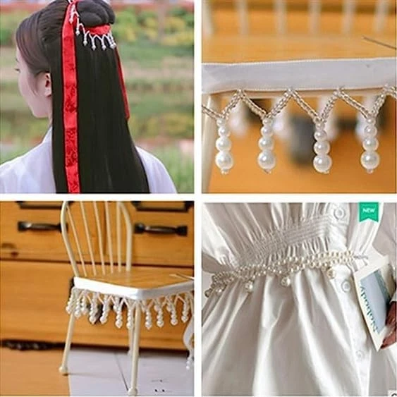 2 jardas de seda branca borla acabamento de franja com miçangas fita de renda para costura - Imagem 3 de 4