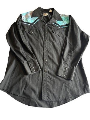 Ely Cattleman Black Western Shirt 16-33 Snap Button Turquoise Yoke Vintage Mens