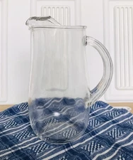 Vintage One Quart Clear Glass Pitcher W/ Ribbed Handle 7.5” Tall, Pinched Spout