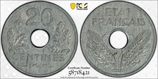 France 1943 20 Centimes PCGS MS63 Vichy WW2 Zinc Poids Lourd Gad-321 Heavy Type