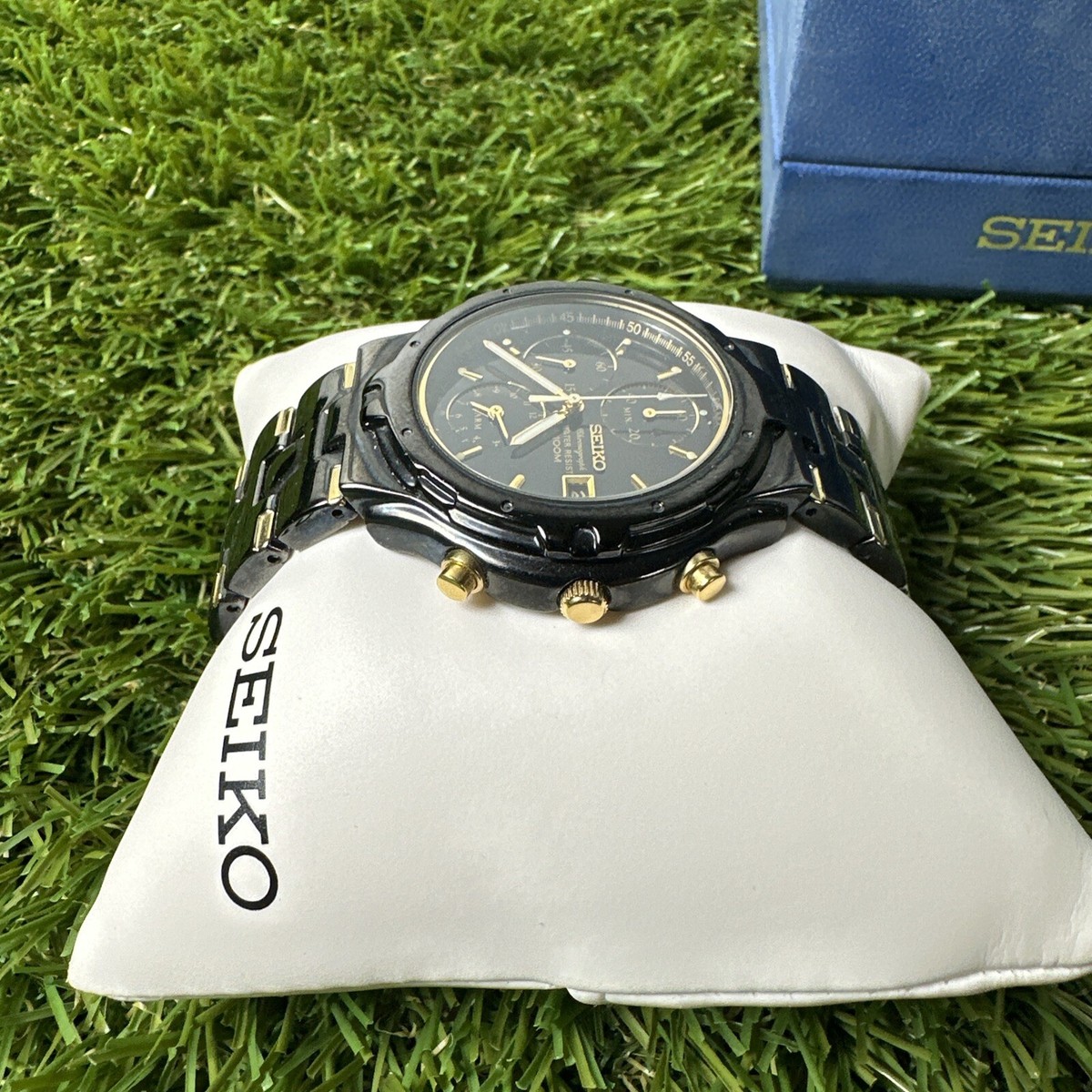 Seiko Watch Men 7T62-0CJ0 Black Gold Tone Date 38mm New Battery 6