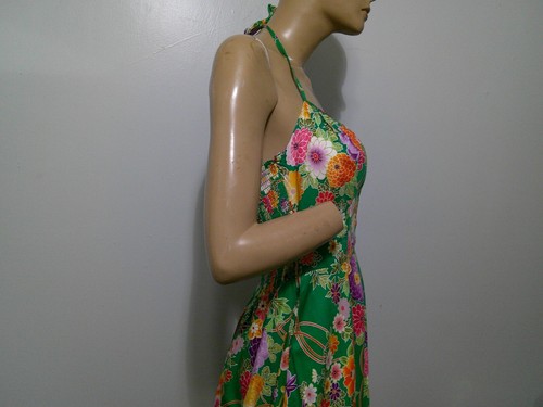 Vtg 50s Pin Up Rockabilly Halter Dress Sundress Built in Bra Shirred Back 16 EVC - Picture 5 of 15