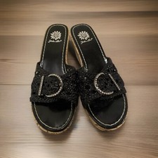 Yellow Box Cork Heels Wedges Slides Black Rhinestone Buckle Size 7.5