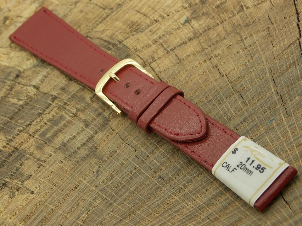 ZRC NOS Vintage Unused Burgundy Calf Leather Watch Band w Gold Tone Buckle 20mm - Image 2 of 4