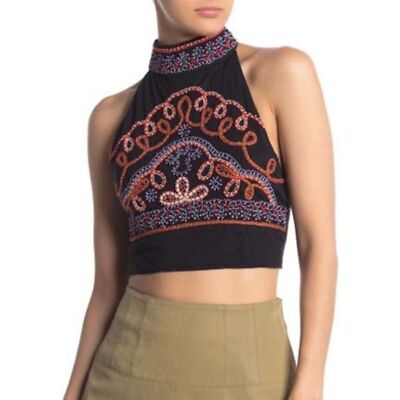 Free People Top Womens Large  Goa Embroidered Beaded Crop Halter Blouse Black L
