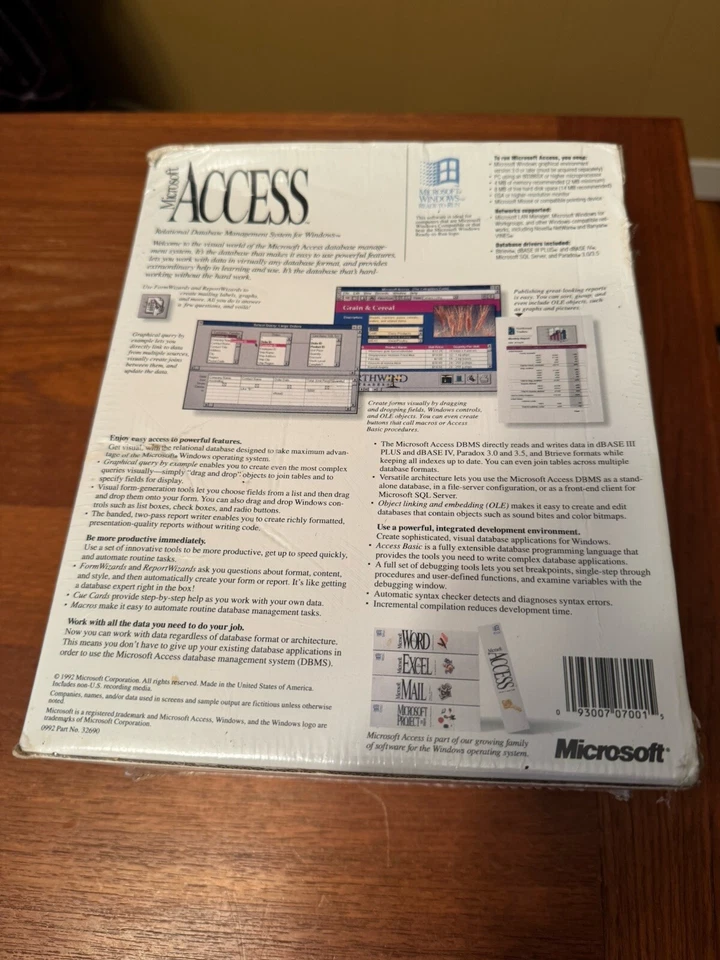 Vintage Microsoft Access v1.0 DBMS Software for Windows NIB Still Sealed - Image 2 of 4