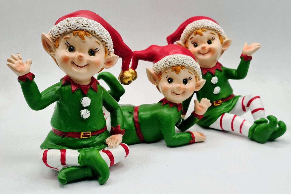 Christmas Santa  Elf Elves Resin Vintage Inspired Figurine Set 3 3-4.5 