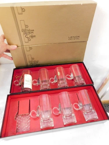 1960s Era Lenox Hand Blown Crystal Irish Coffee Mugs set of 7 , original boxes