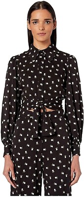 Jill Jill Stuart 252326 Women's Embroidered Tie Blouse Black/Off-White Size 4