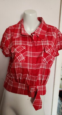 Womans Red Plaid Button Up Top Juniors Xl Max Rave