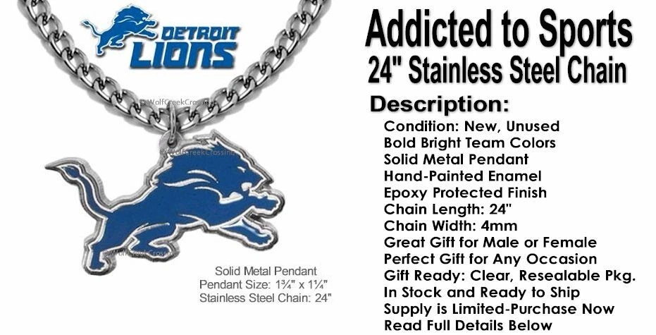 БОЛЬШОЕ ОЖЕРЕЛЬЕ DETROIT LIONS цепочка из нержавеющей стали с металлическим логотипом NFL футбол ПОПУЛЯРНОЕ!» - Изображение 2 из 4