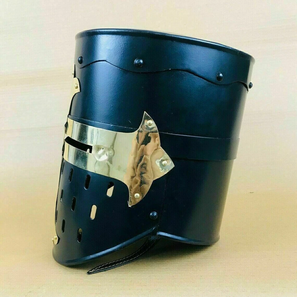 Capacete medieval cavaleiro armadura cruzado templário viking com suporte presente design azul - Imagem 3 de 4