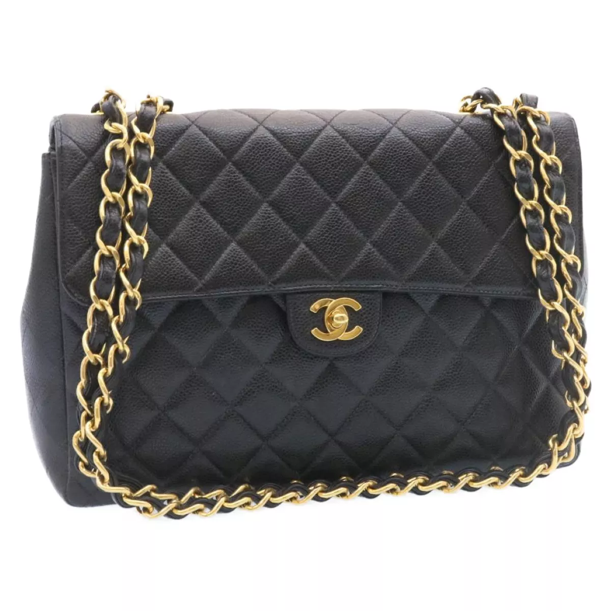 CHANEL Big Matelasse Flap Chain Shoulder Bag Caviar Skin Black Gold Auth  25984A