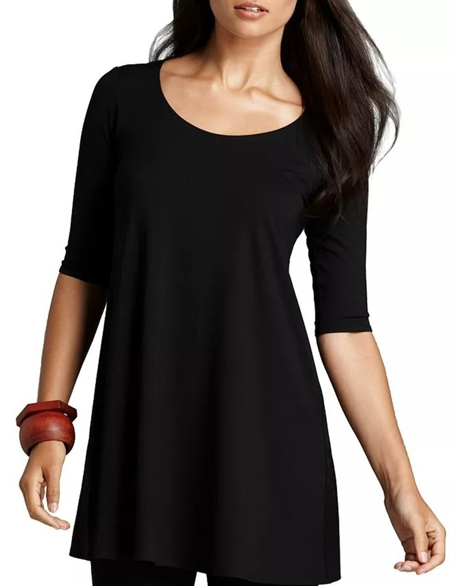 Eileen Fisher Tunic Shift Dress M Black Stretch Jersey 3/4 Sleeve Knit  Stretch