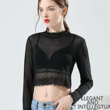 Femme Haut Court Dentelle Manches Longues Maille Pur Transparent T-Shirt Blouse