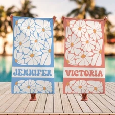Retro Floral Custom Beach Towel, Daisy Gift for Kids, Girls Trip, or Birthday