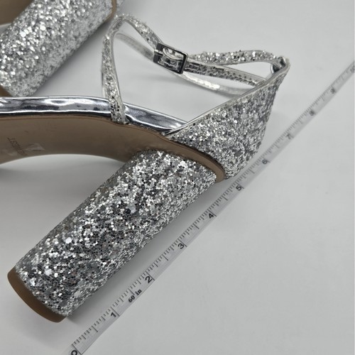 Nine West Womens Celebra Silver Sequined Heel 8.5 Metallic Silver Ankle Strap - Picture 2 of 16