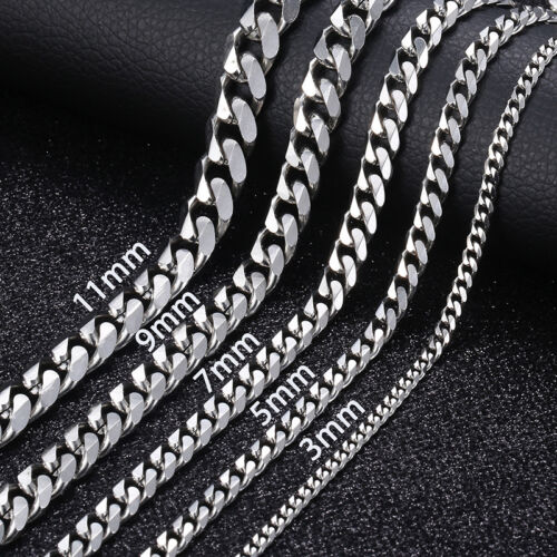 16-36" Stainless Steel Silver Chain Cuban Curb Womens Mens Necklace 3/5/7/9/11mm - Picture 1 of 31