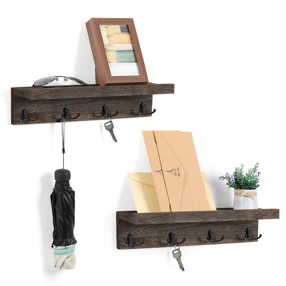 2x Entryway Shelf Coat Rack Wall Mounted, Wood Floating Shelf Key Holder w/ Hooks | eBay