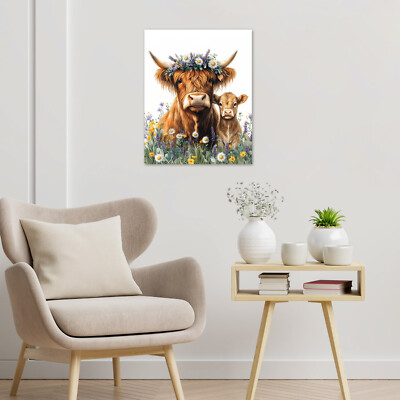 Lavender and Yellow Daisy Brown Cow Abstract Wall Art for Bathroom Living Room