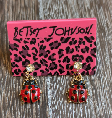 Betsey Johnson Red Enamel Rhinestone Ladybug Beetle Bug Dangle Earrings NWT