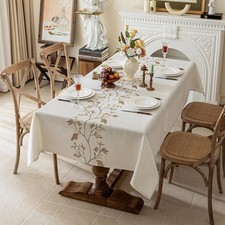 Rustic Waterproof Linen Tablecloth, Heavy Weight Beige Embroidery Table Cloths