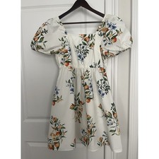 Time and Tru midi dress puff sleeves Sz. L white lemons cotton cottage core NWOT