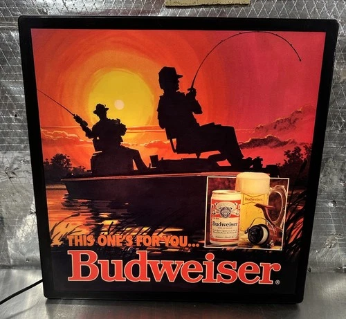 Vintage Budweiser Beer "This One’s For You” Lighted Black Box Fishing Sign