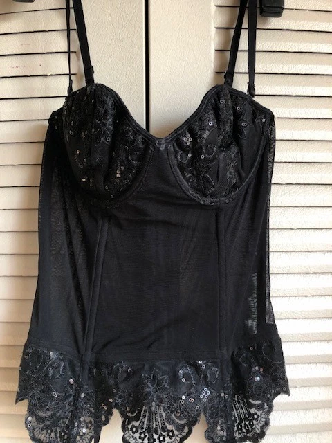 Corsé mediano para mujer Dreamgirls negro con encaje y lentejuelas y ligueros ~ usado en excelente estado~ Foto 2 de 4