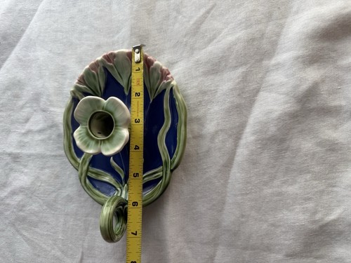 Majolica Art Nouveau Chamber Candle Holder Blue & Pink Flower Shaped Antique VTG - Picture 15 of 16