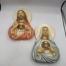 Vintage Mary  Jesus Chalkware Wall Hanging Plaques Sacred Heart Religious 50's