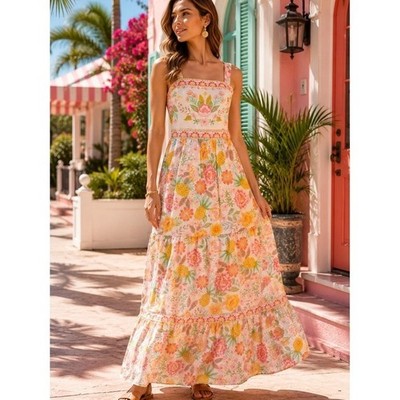 Rachel Zoe Floral Pineapple Embroidered Tiered Maxi Dress Size 6 Tropical Boho