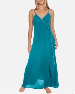 TRINA TURK BRITTANY TASSELED MAXI WRAP DRESS COVER UP BRIGHT TURQUOISE sz S $162