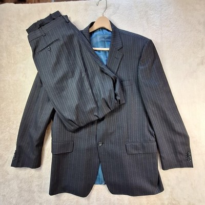 Saks Fifth Avenue Suit Mens 44L 40W Blue Pinstripe Wool Arnold Brant Made Canada