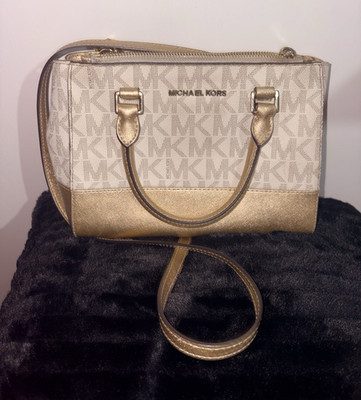 Michael Kors Monogram Satchel Top Handle Beige/Gold Zip Detachable Strap