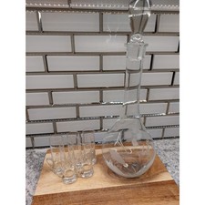 Vintage Etched Glass Decanter with Stopper and 5 Etched Shot Glasses