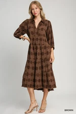 Umgee Brown Polka Dot Print Maxi Dress with V Neck and 3/4 Sleeves