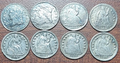 (8) CULL 1835-1848 Capped Bust & Seated Liberty Half Dimes 5c Silver Type Coins