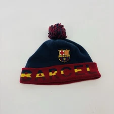 FC Barcelona Beanie Hat Pom Knit Logo Football Soccer Cap Wrap Around Text