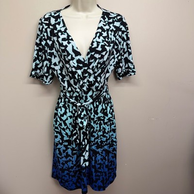 Apt. 9 Womens Small Blue Ombre Abstract Faux Wrap Dress Short Sleeve V-Neck