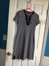 Chaps Striped Lace-Up Cotton Dress Navy Blue Size PS Petite Short Sleeve Summer