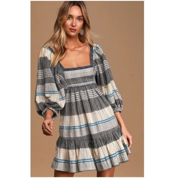 NWT Free People All Lined Up Striped Puff Sleeve Swing Mini Dress Blue  Medium | eBay