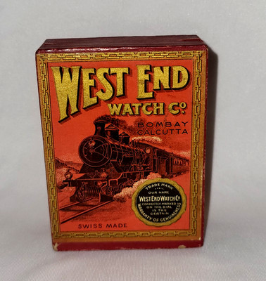 VINTAGE OLD SIGN CARDBOARD BOX WEST END WATCH CO SWISS MADE BOMBAY CALCUTTA 1950
