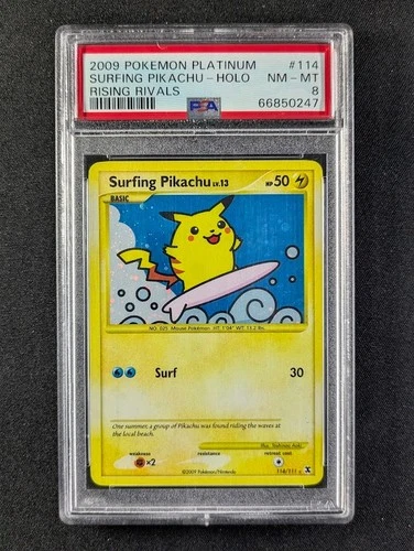 2009 Pokemon SURFING PIKACHU 114/111 Rising Rivals Cosmos Holo Secret Rare PSA 8